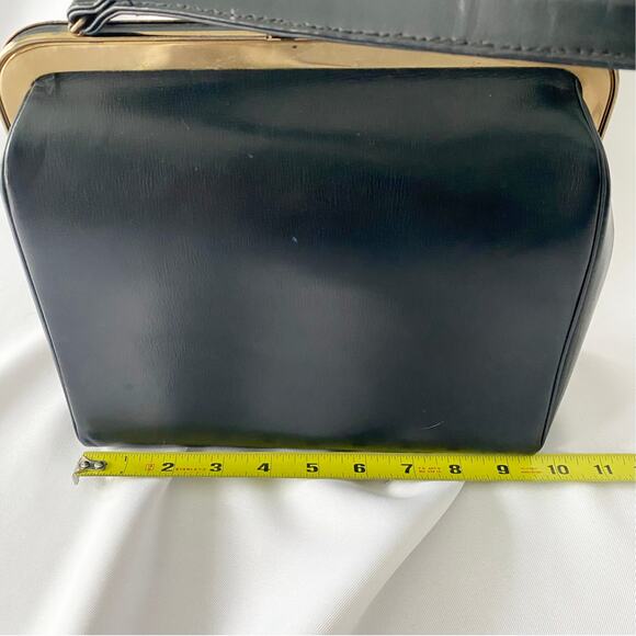 Vintage Black Leather Handbag - Retro Structured Top Handle Purse - Picture 8 of 12